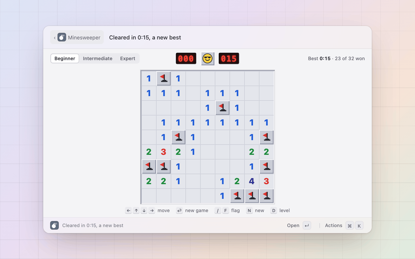 Minesweeper: Cleared: the mines left are flagged, the time, a new best