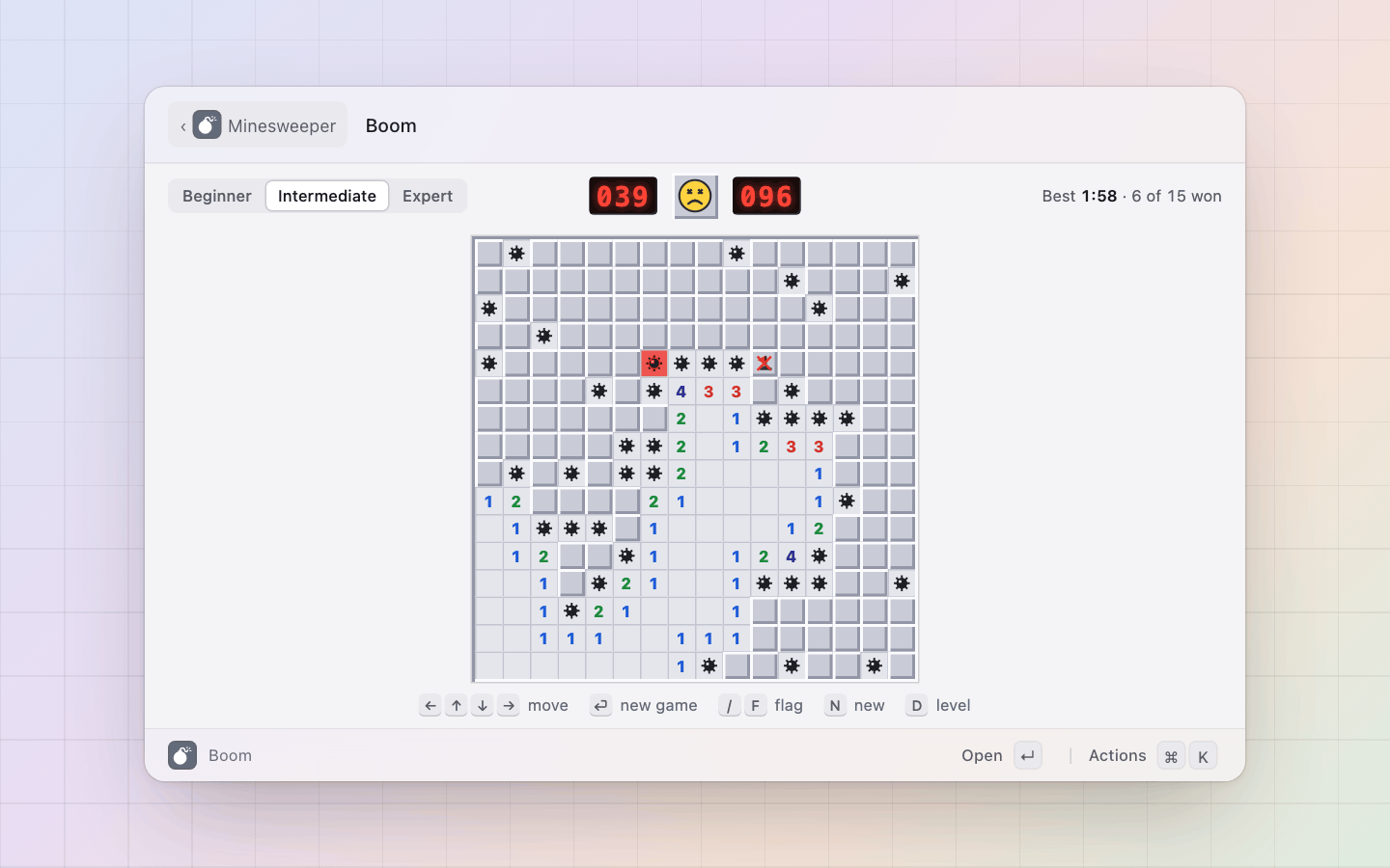 Minesweeper: A mine went off on intermediate: every mine shows, a wrong flag is crossed out