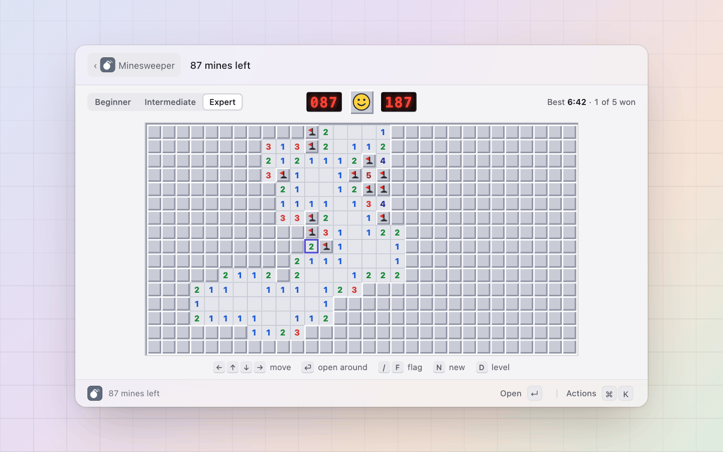 Minesweeper: Expert, 30 by 16 with 99 mines, scaled to the panel; Enter on the satisfied 2 opens around it
