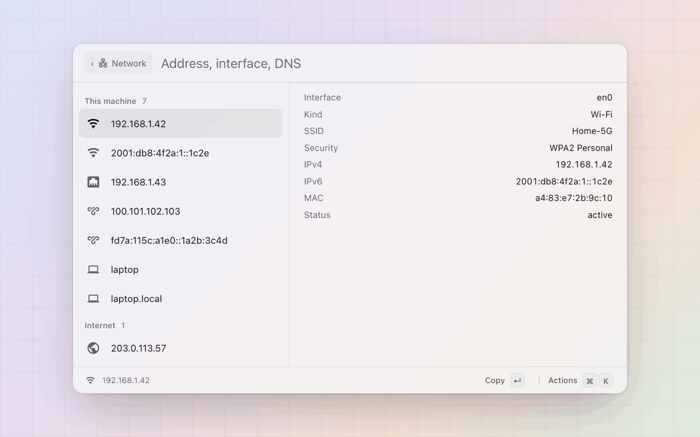 Network: Every address in three sections, the detail pane on the Wi-Fi interface