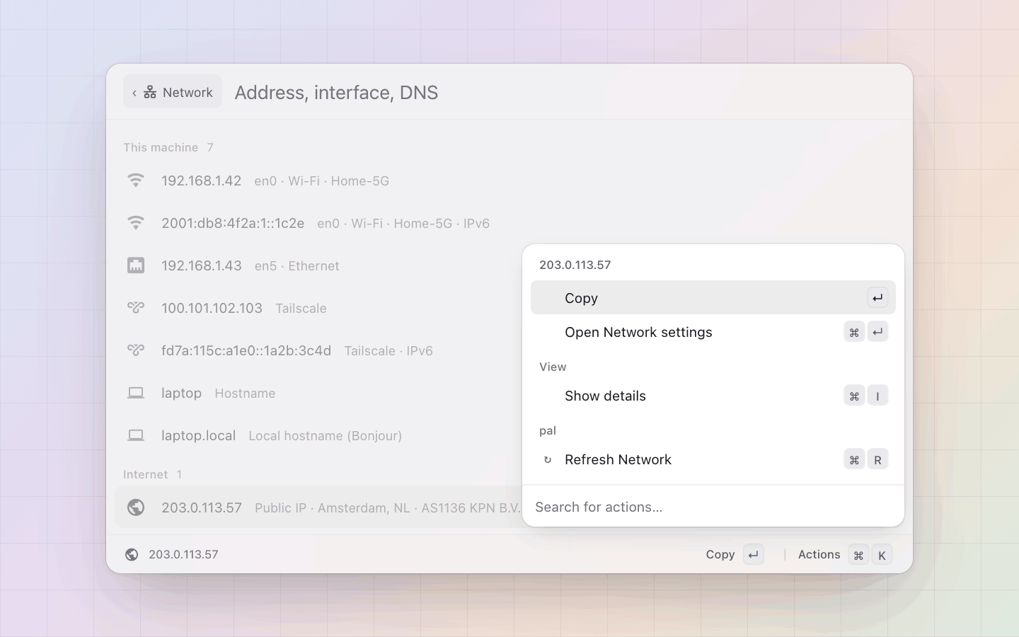 Network: Copy the value, or open the Network settings