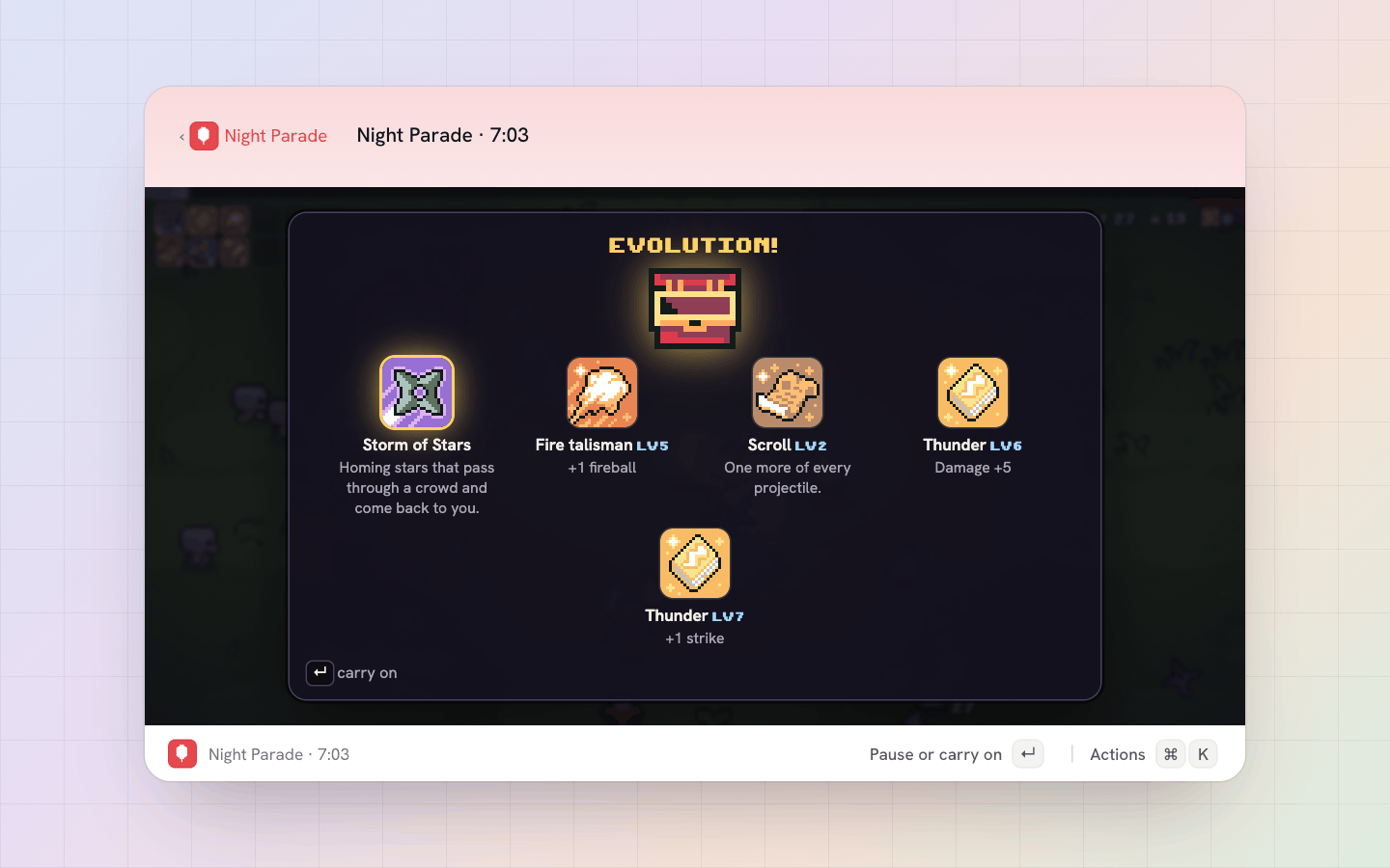 Night Parade: A golden chest: the shuriken with its Scroll evolves into Storm of Stars, and four more upgrades