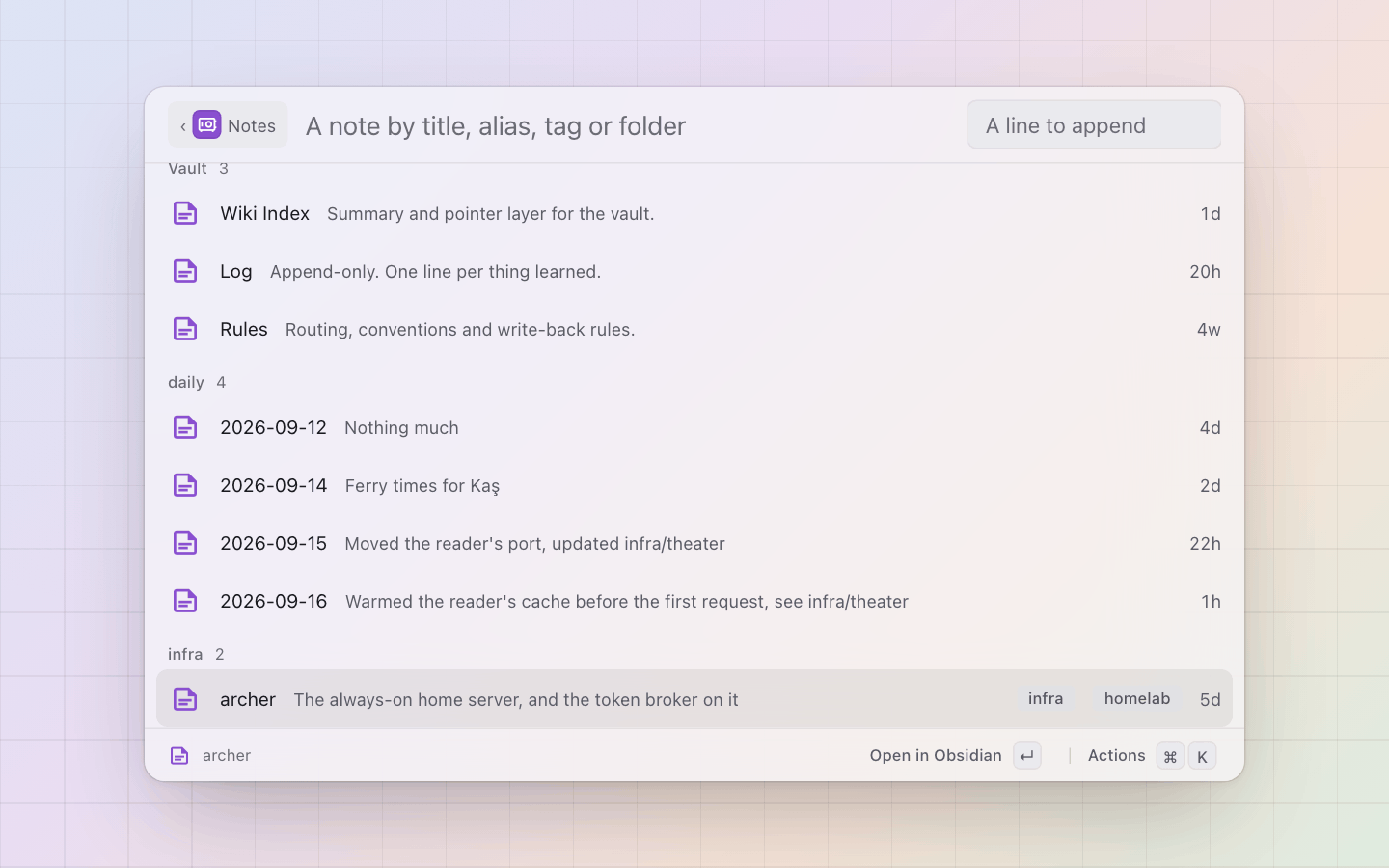 Obsidian: Notes: every note by title, sectioned by folder, tags and the change date on the row