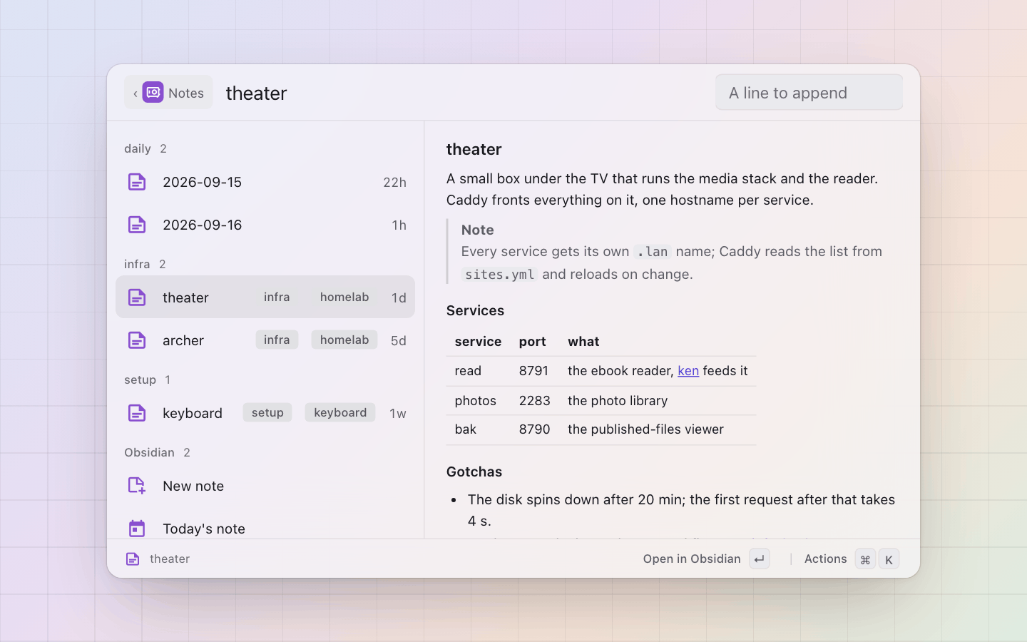 Obsidian: The pane: the note rendered, callout and table included, its tags, links and backlinks below