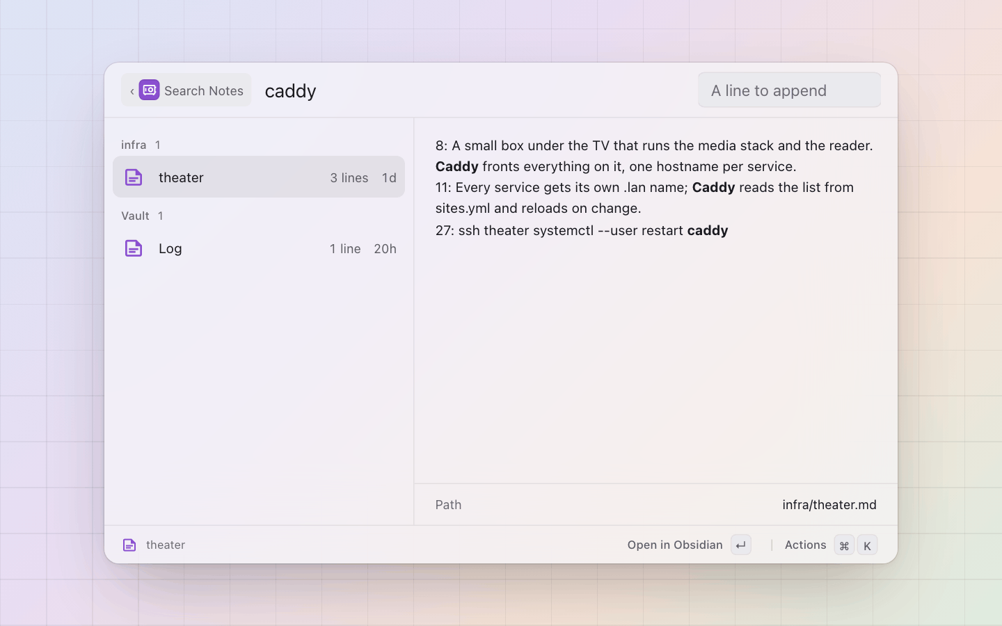 Obsidian: Search Notes: the matching line on each row, the matches bold in the pane