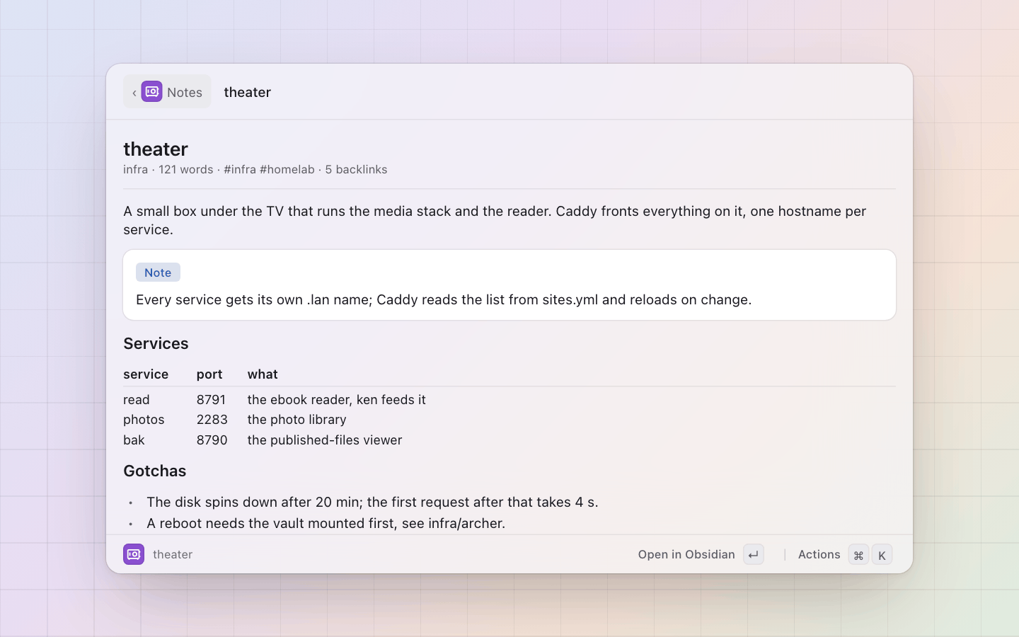 Obsidian: A note read in pal: callouts, lists, code and tables drawn with the tokens