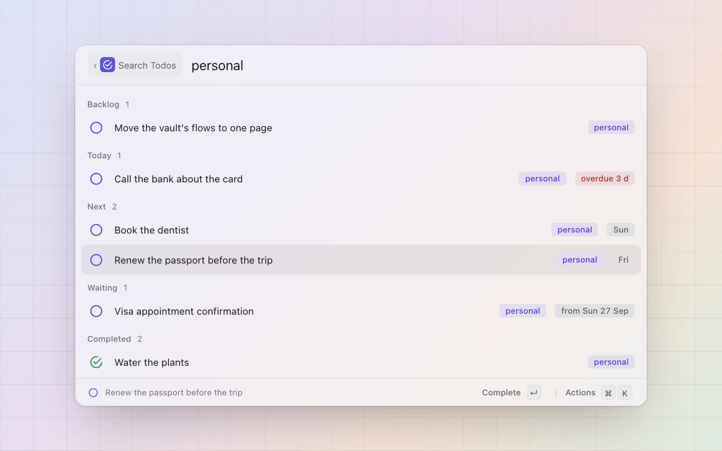 odak: Search reaches open and completed todos alike, by text or by tag