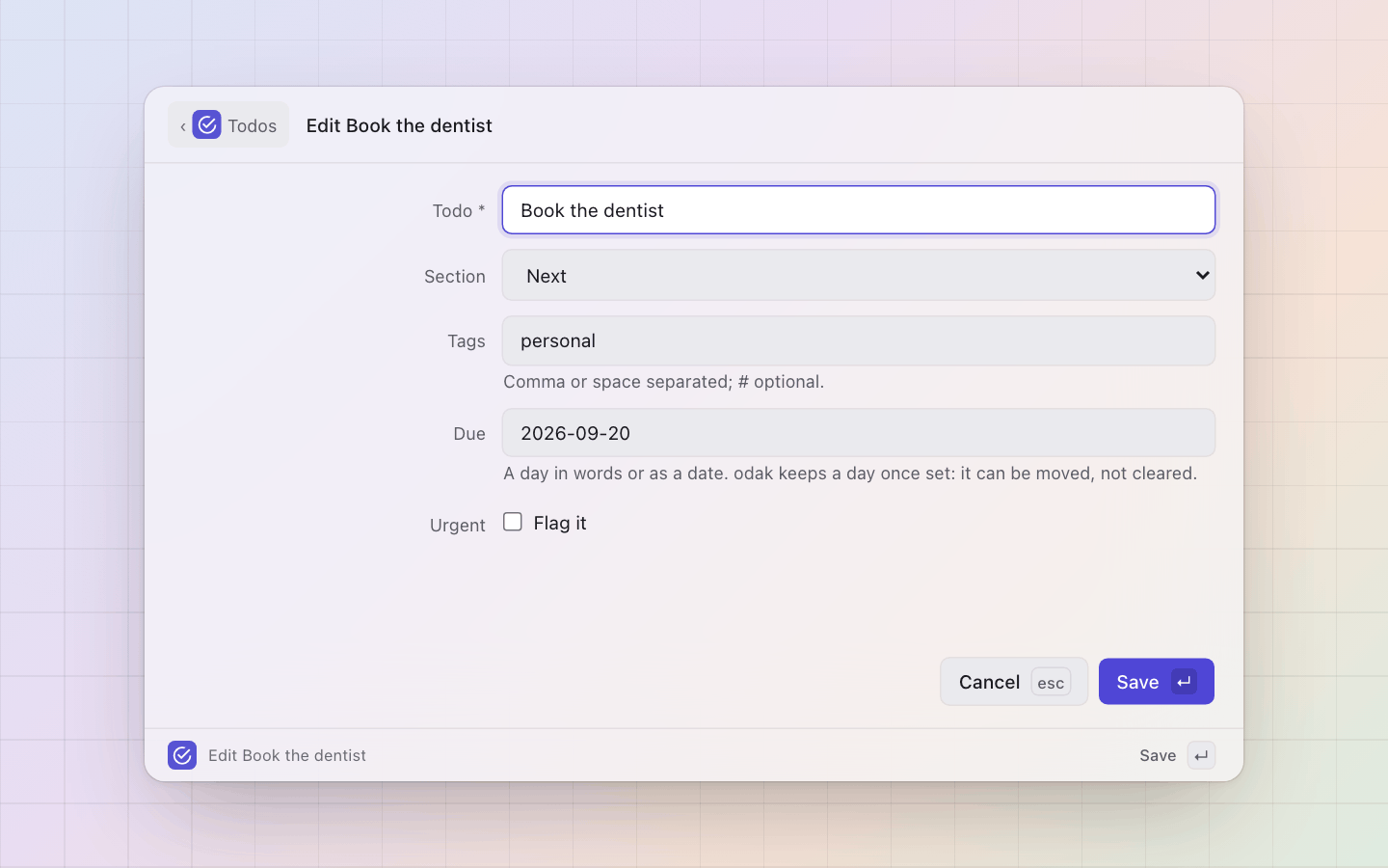 odak: Edit everything in one form: the text, the section, the tags and the day