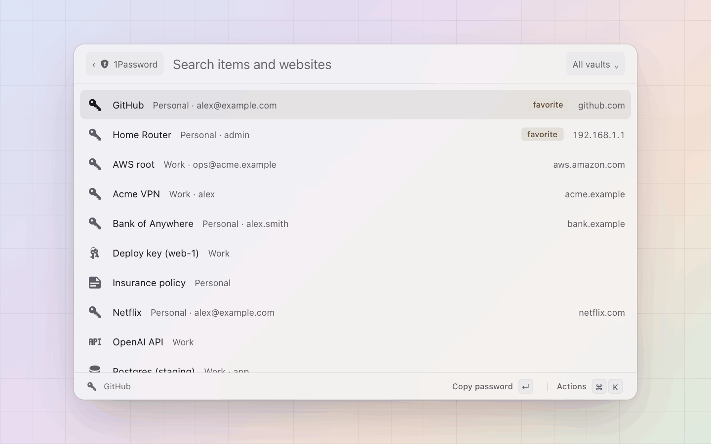 1Password: Items with their vault, username and website, favourites first