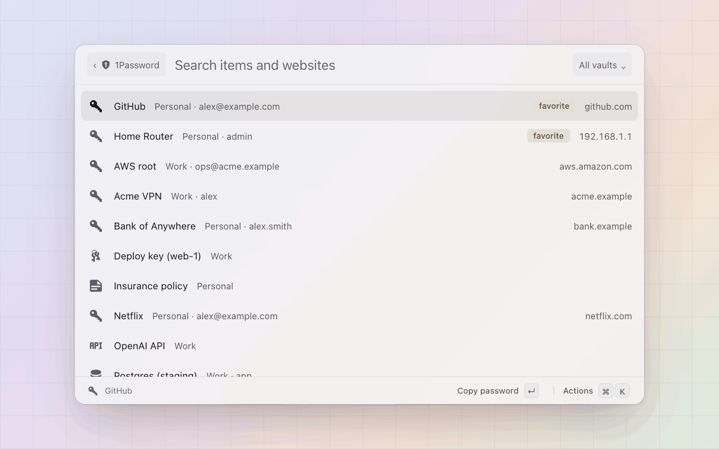 1Password: The detail pane: vault, category, username, website, tags, updated