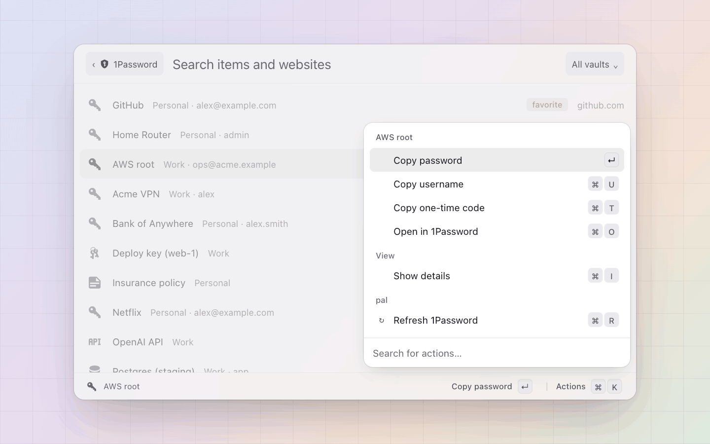 1Password: Copy the password, the username or the one-time code, or open the app