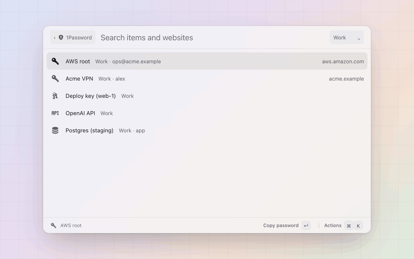 1Password: A vault from the settings as a filter
