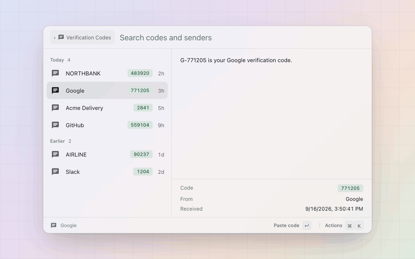 Verification Codes: The detail pane: the whole message, the code, the sender, when it was received
