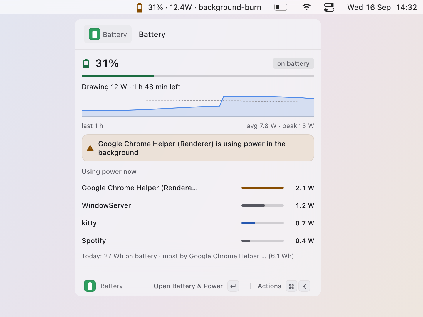 Battery & Power: Hover opens the popover: the level, the last hour's draw, the warning and what uses power now