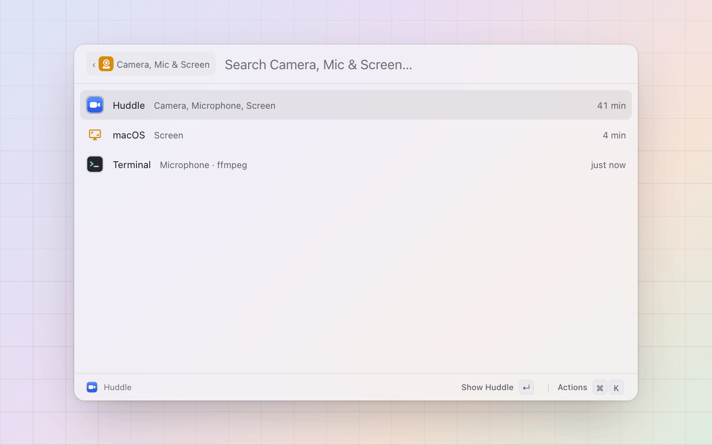 Privacy: One row per app: what it holds and for how long, a screen share and a recording in Terminal included