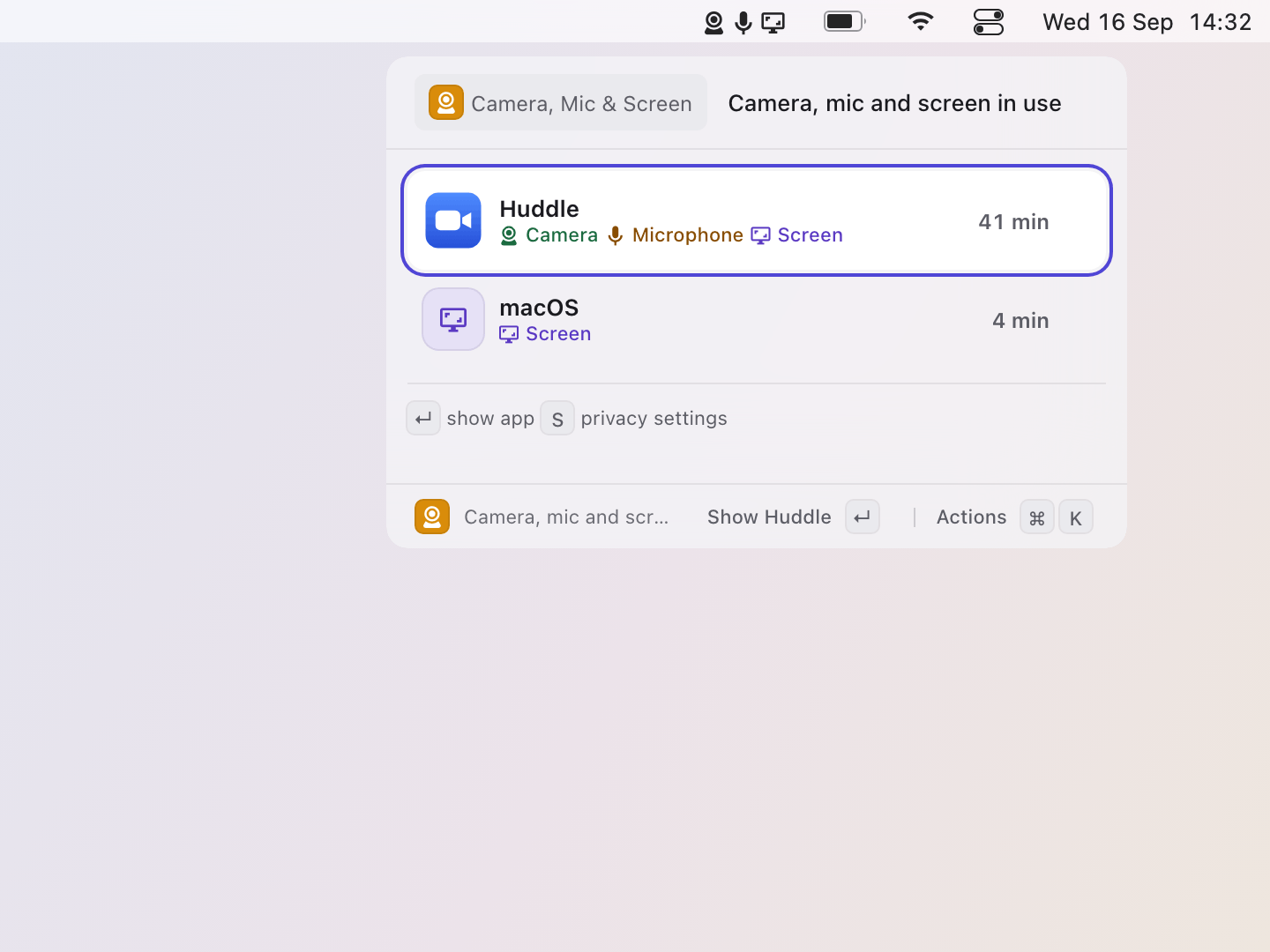 Privacy: A call sharing its screen: the screen is named on the app's row too, and a capture by macOS itself reads macOS