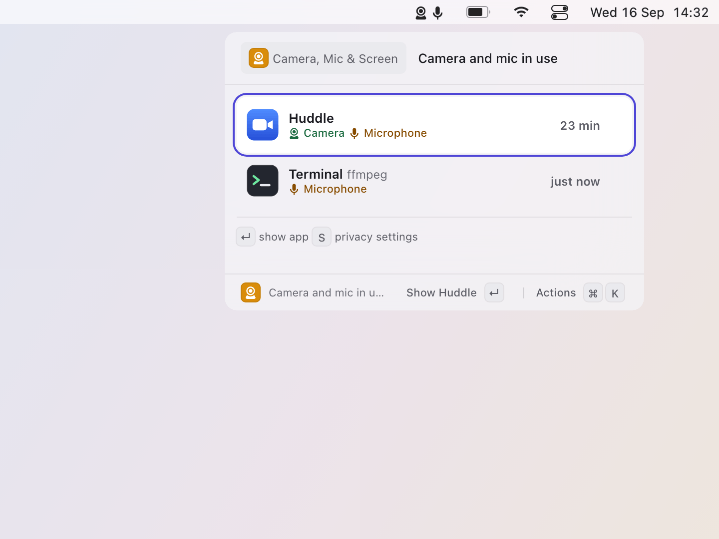 Privacy: A click opens the popover: one row per app, what it holds in colour and for how long; Enter brings the app forward