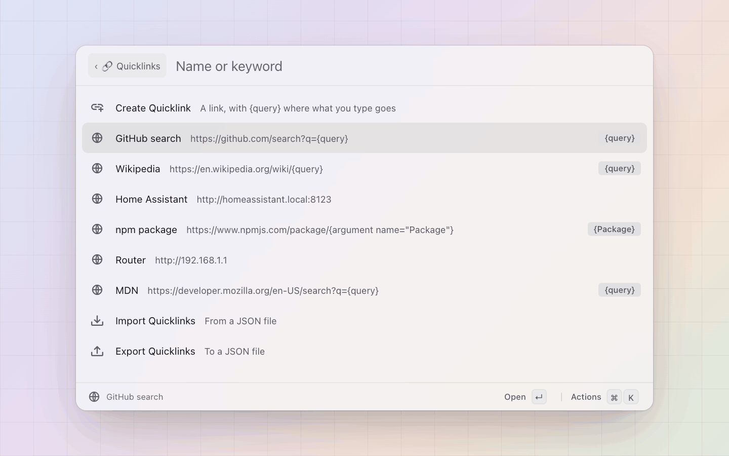 Quicklinks: Every quicklink by name; a {query} link carries the placeholder as a tag