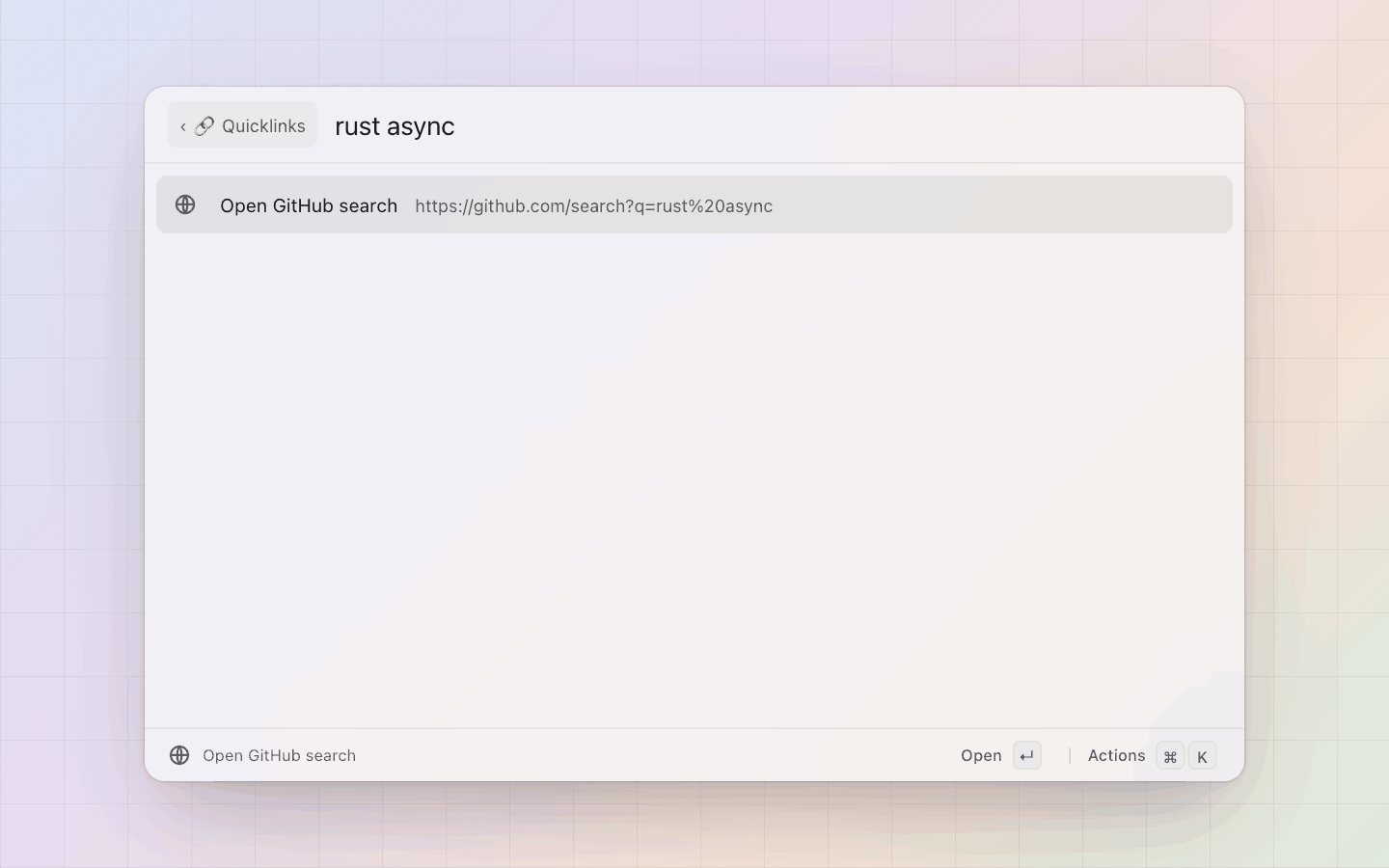 Quicklinks: Drilled into a search link: the input fills the placeholder, Enter opens the filled url