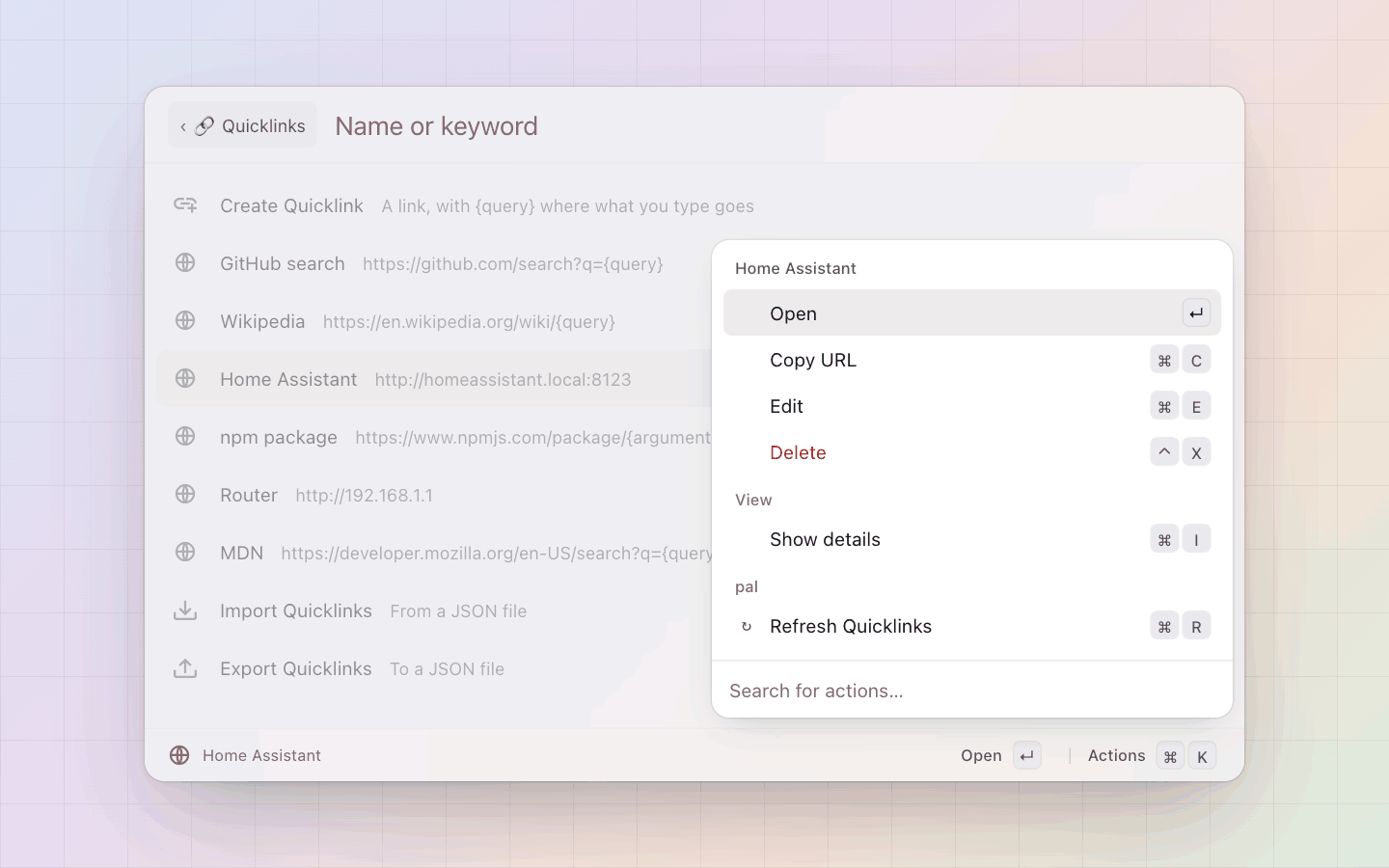 Quicklinks: Open, Copy URL, Edit, Delete on one of your links