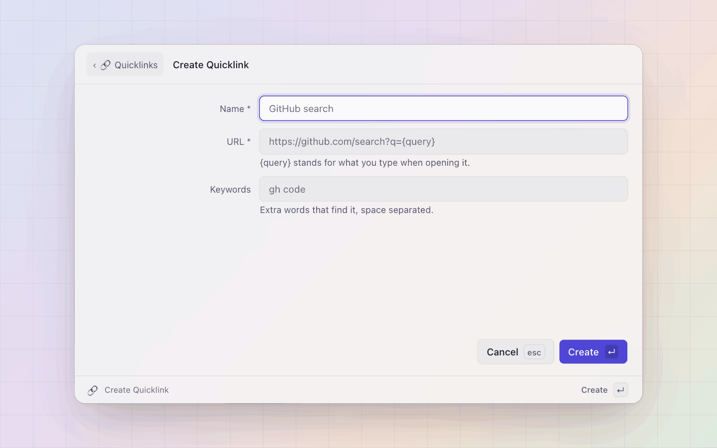 Quicklinks: Create Quicklink: name, url with {query}, keywords