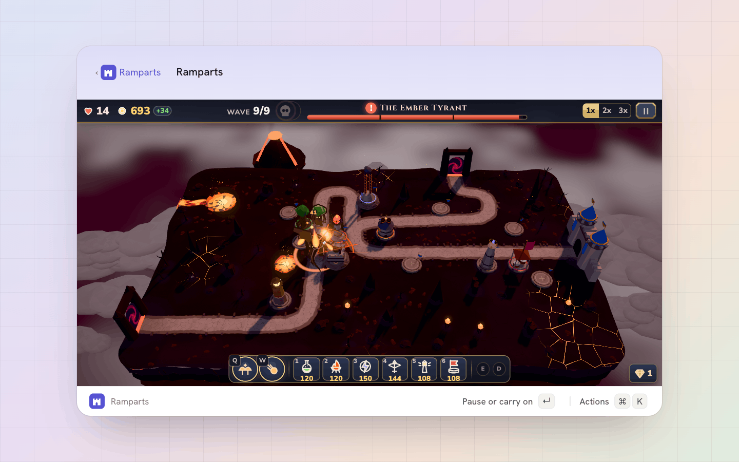 Ramparts: The Ember Tyrant at the citadel, its health in three bars: alchemy, fire and storm towers, a ballista and a war banner