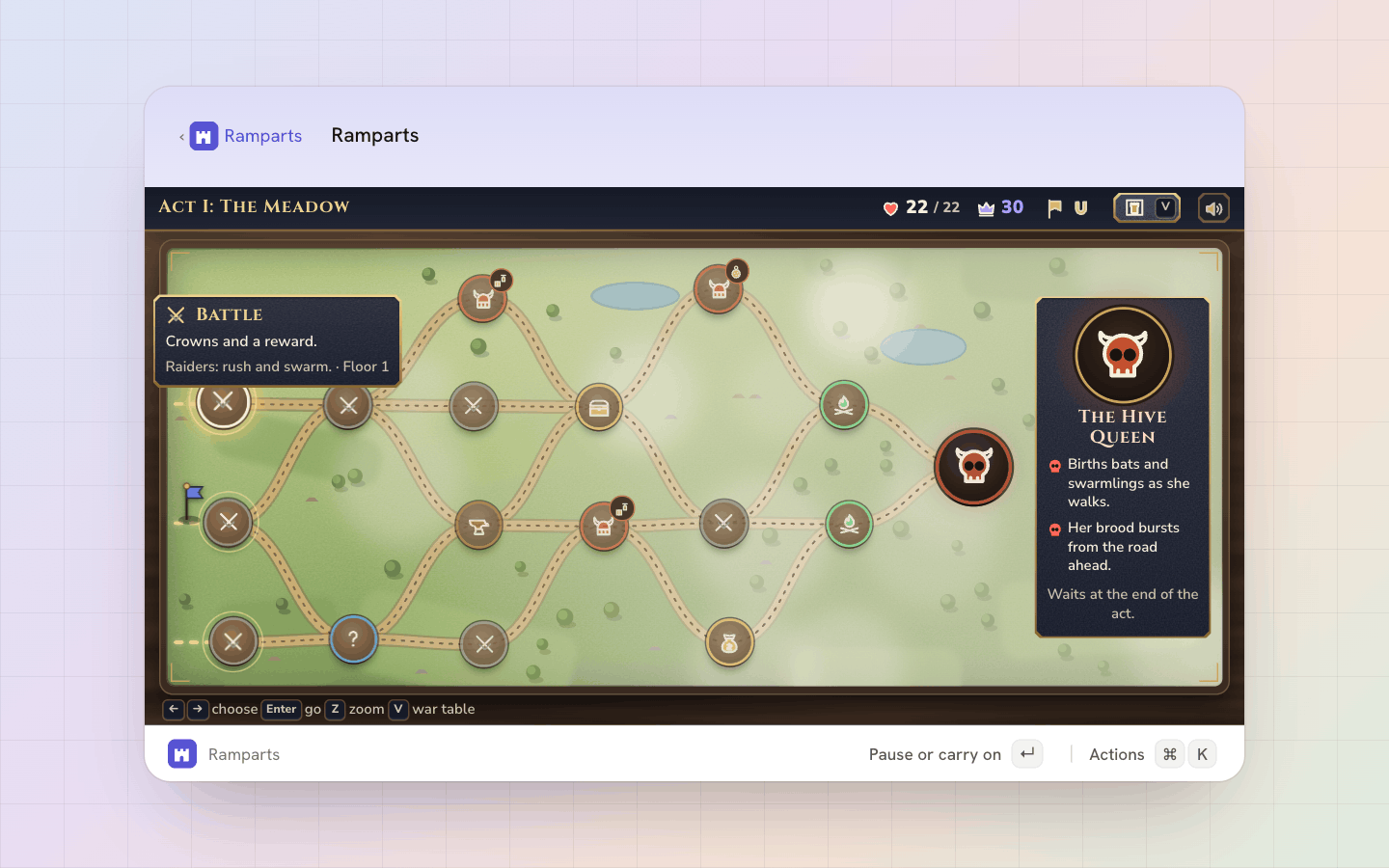 Ramparts: A run's map: battles, events, shops, forges and camps on branching paths, and the act's boss waiting at the end