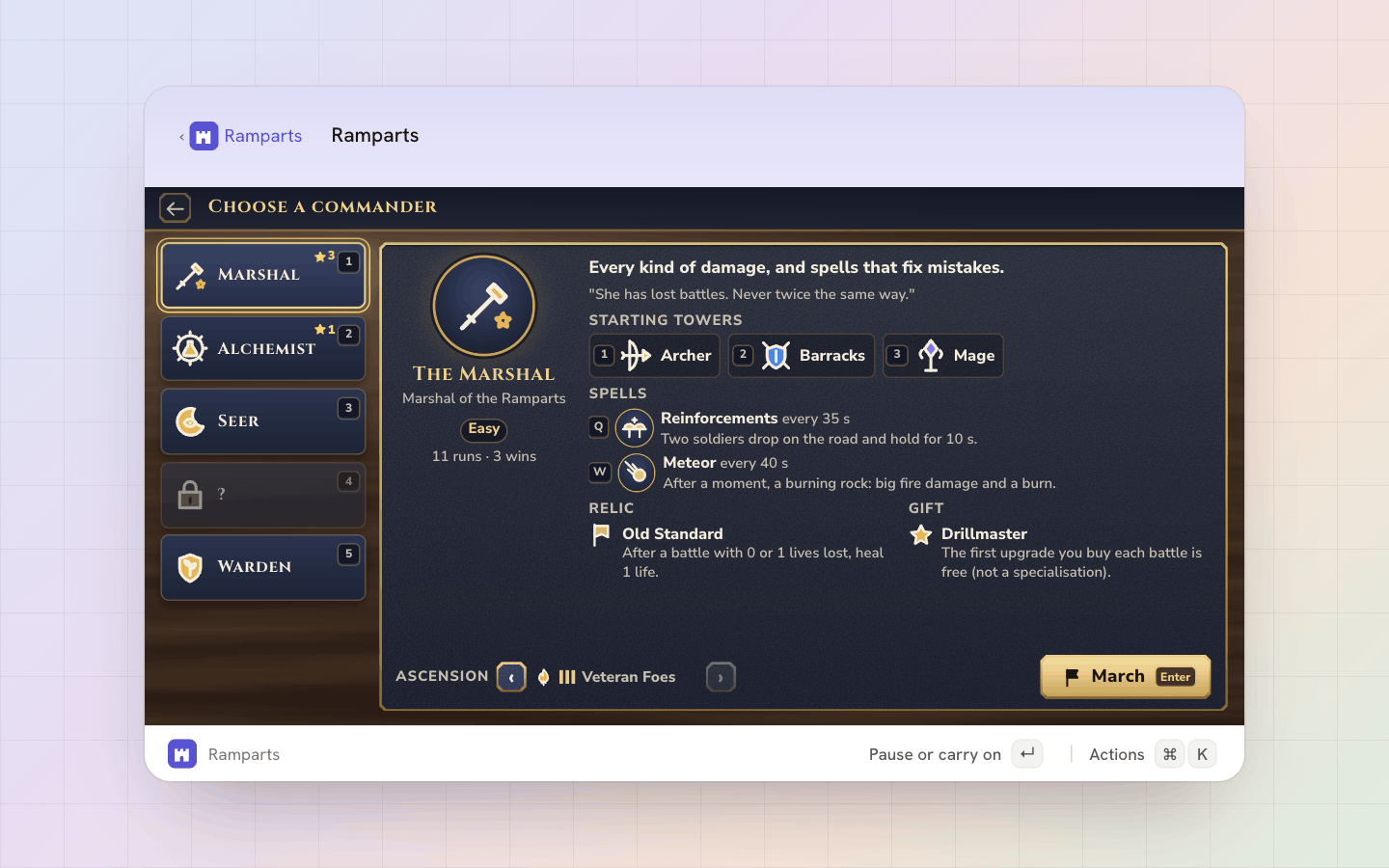 Ramparts: Five commanders, each with its own towers, spells, relic and gift, and ten ascensions to climb