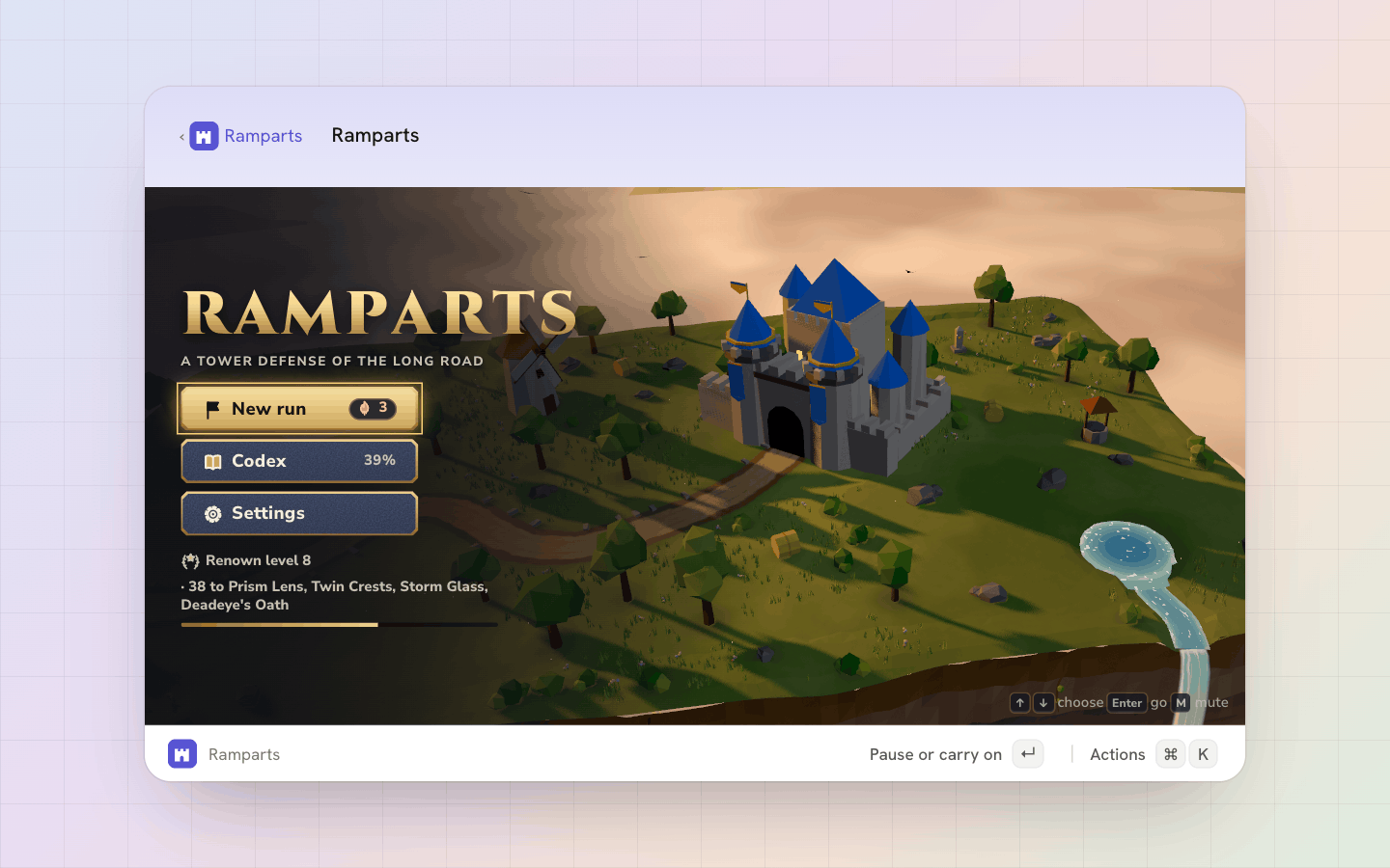 Ramparts: The title: your renown level, what it opens next, and the codex of everything you've met