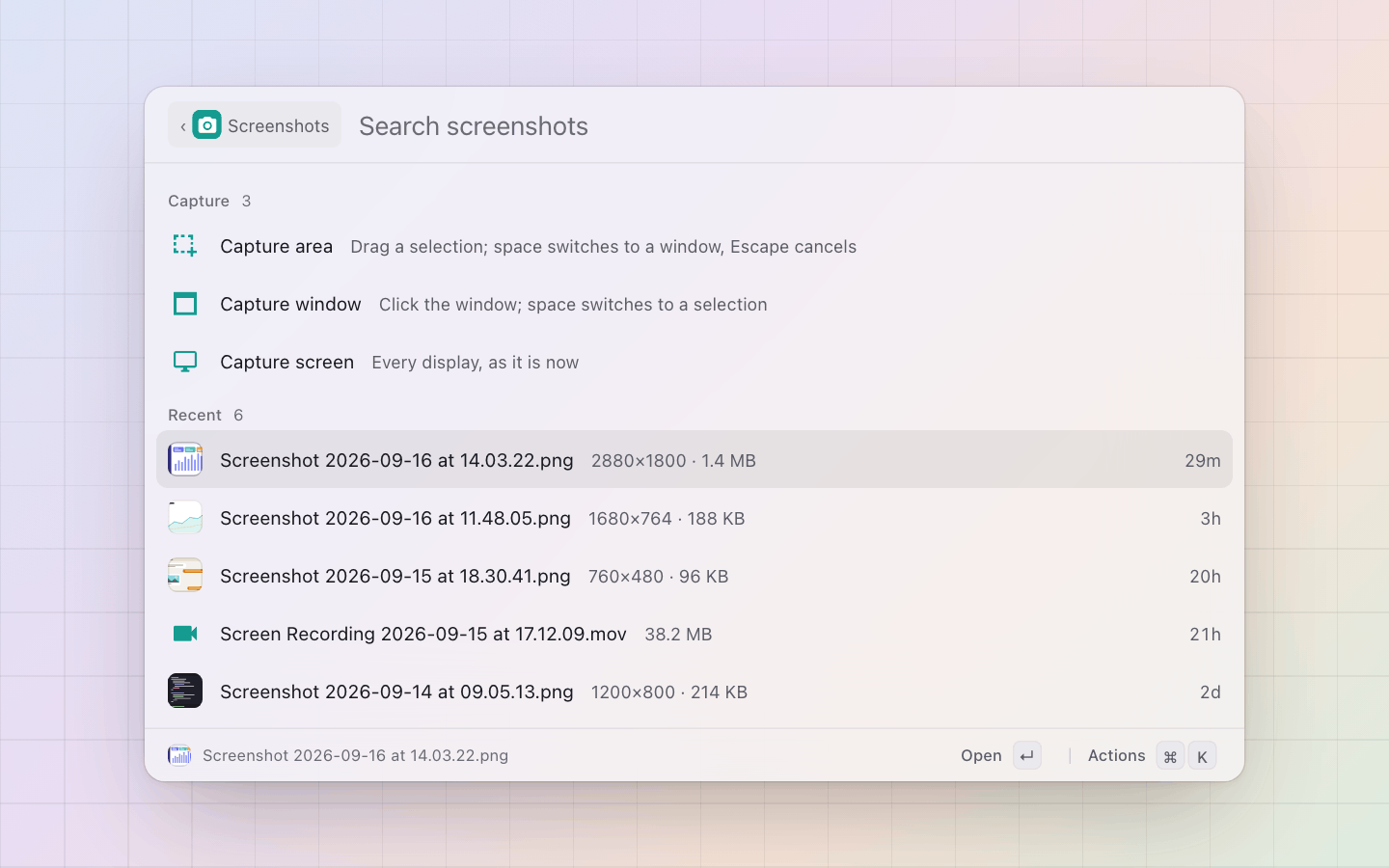 Screenshots: Capture an area, a window or the screen, then the folder's screenshots newest first, with thumbnails, pixel sizes and ages