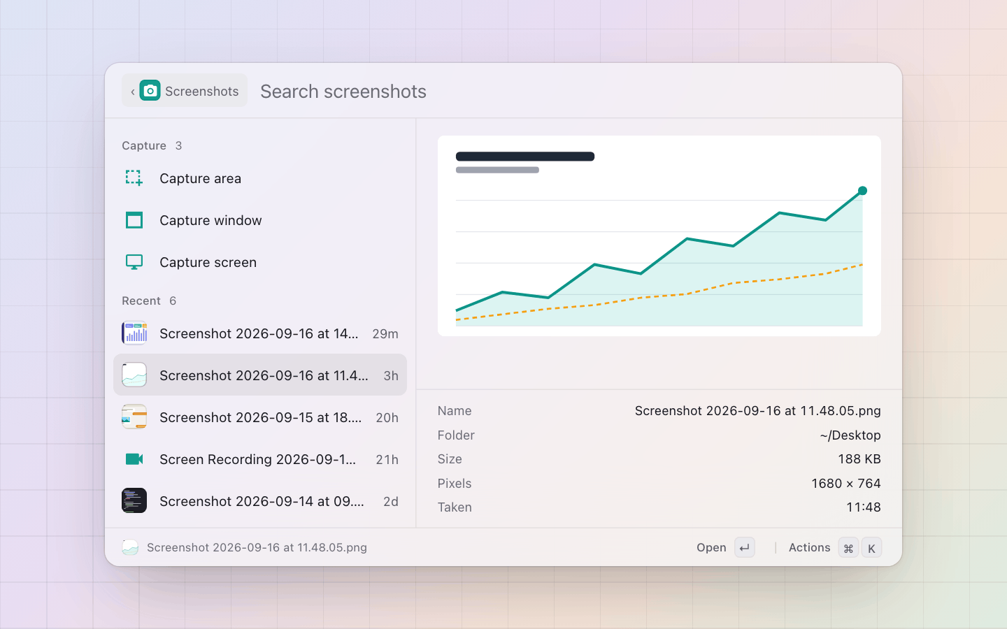 Screenshots: The detail pane: the picture itself over its name, folder, size, pixels and when it was taken