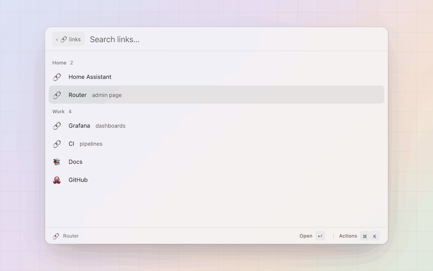Scripts and data files: A data-file palette: six rows from links.json, sectioned, the table's icon unless a row has its own