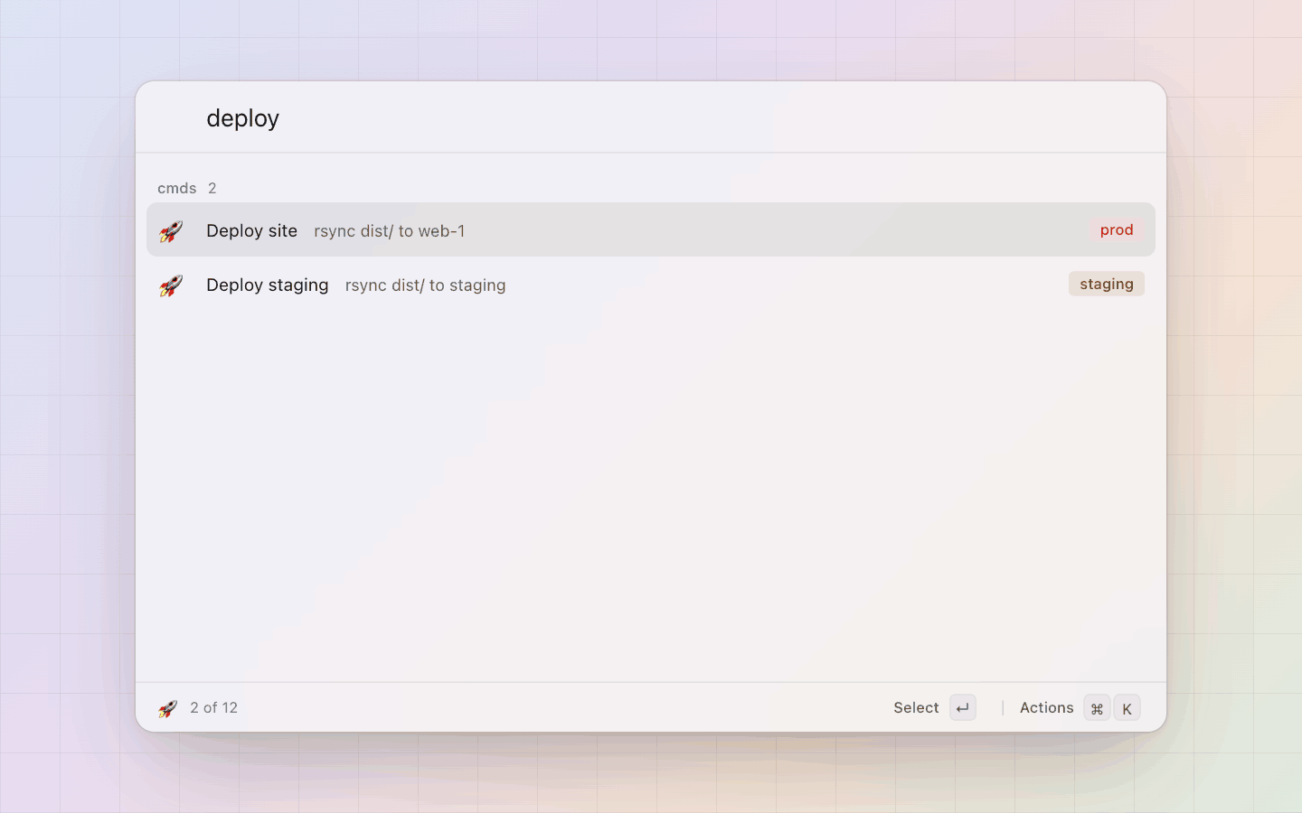 Scripts and data files: A script palette's rows at the root: deploy finds both deploy commands