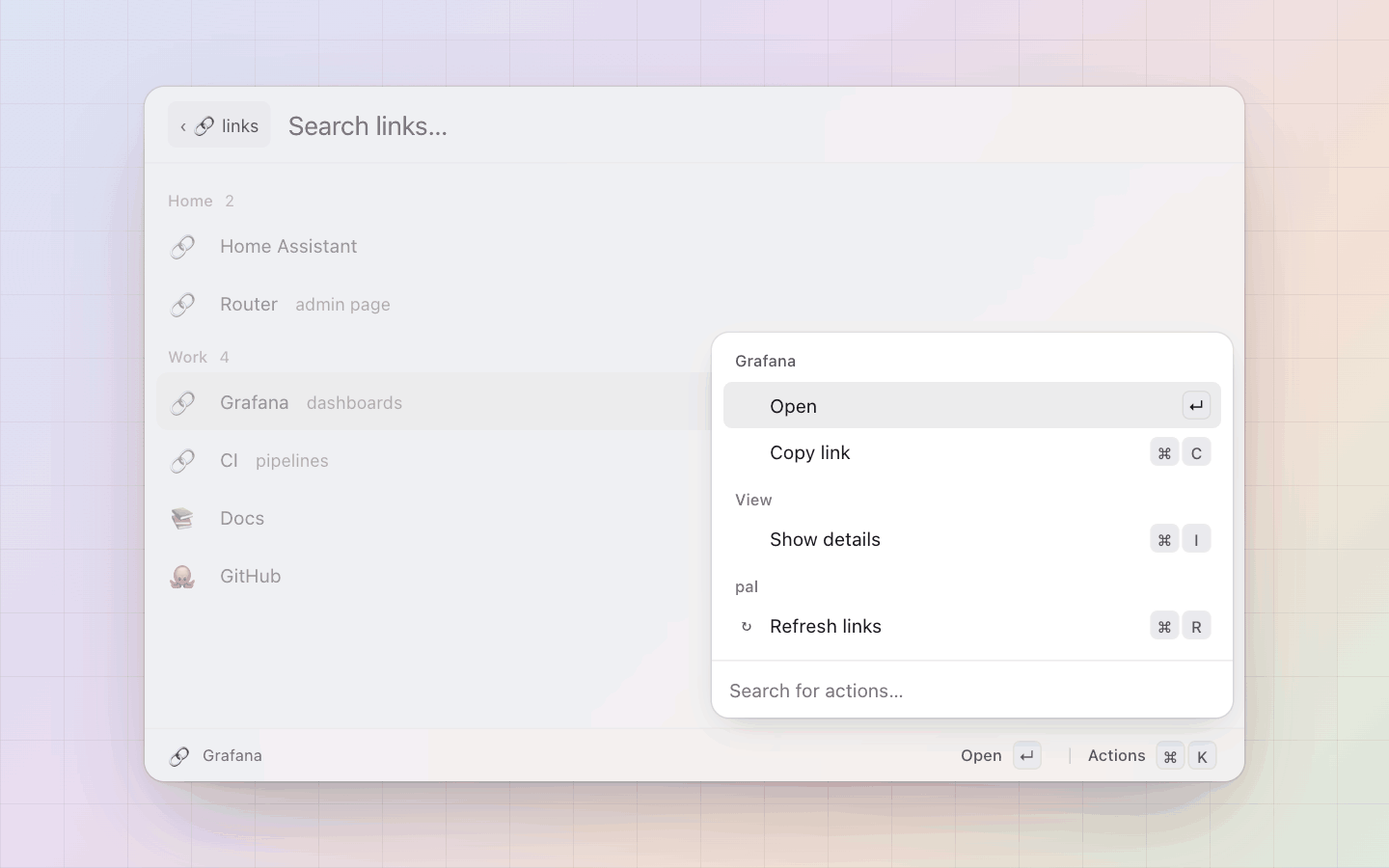 Scripts and data files: The table's actions on a row: Open and Copy link