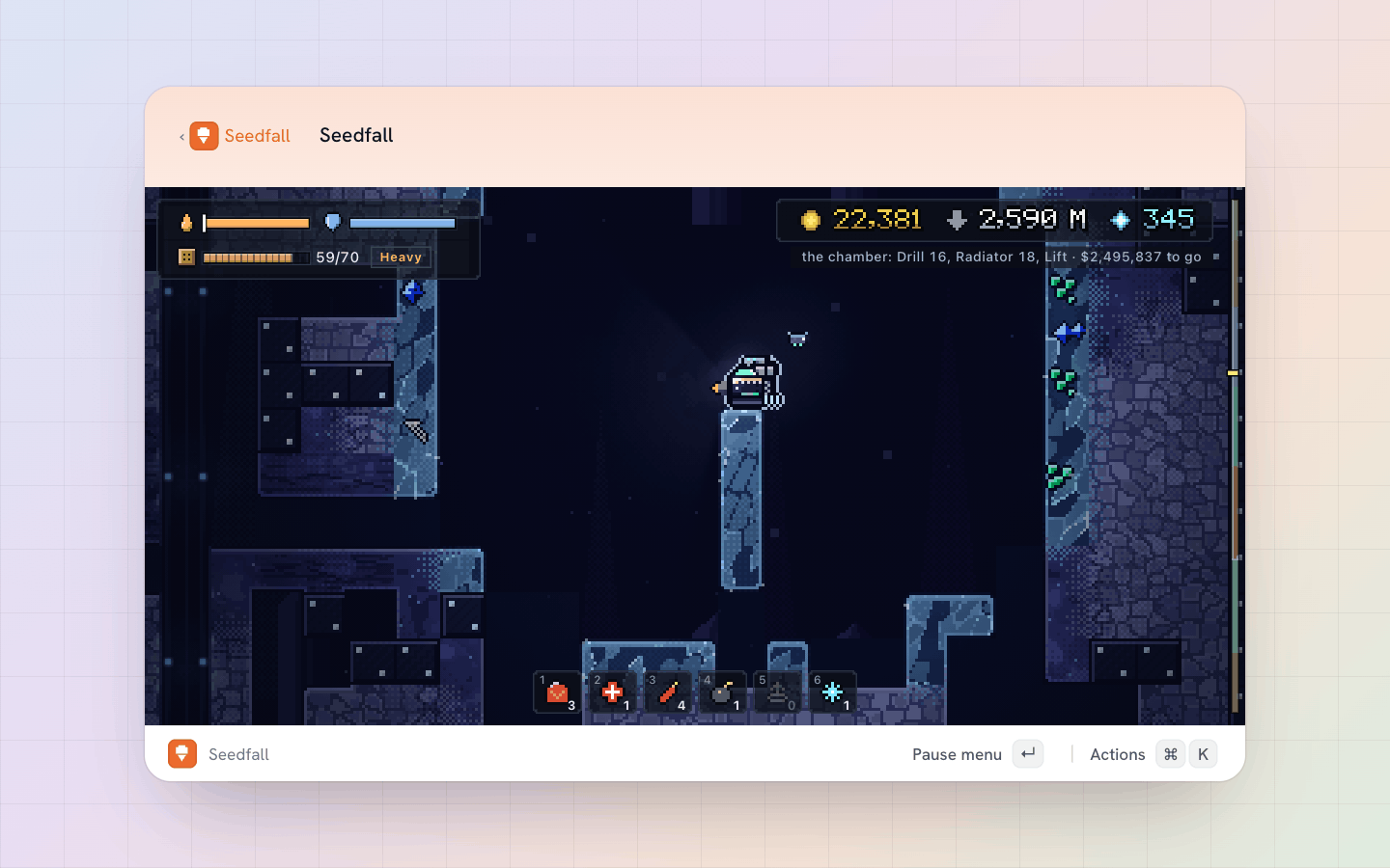 Seedfall: Down in the crystal caves: the pod's lamp, the ore glinting in the rock, fuel, hull and cargo at a glance