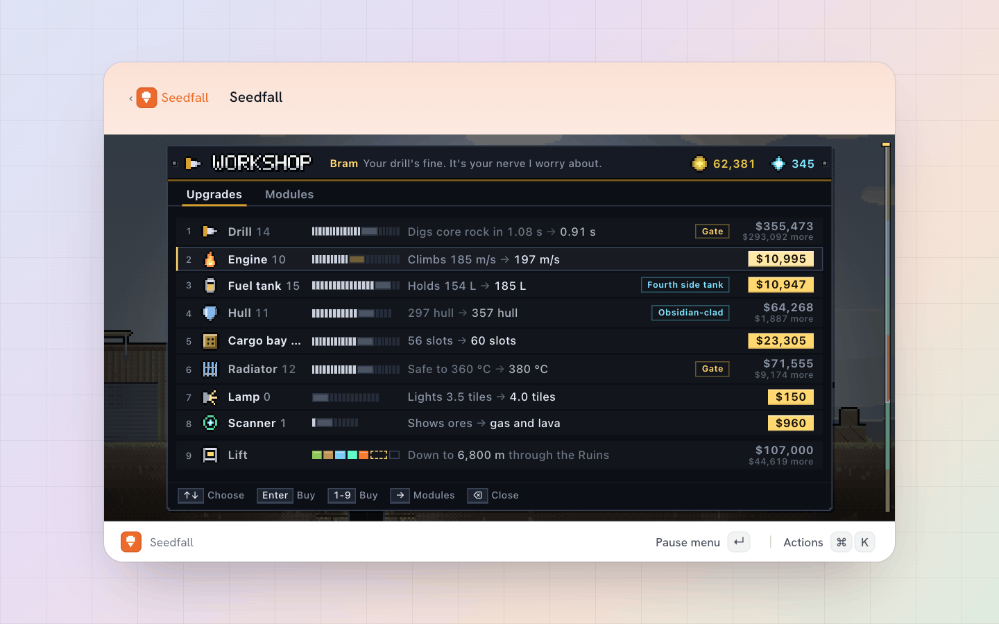 Seedfall: The workshop: every part of the pod, what the next level does in plain numbers, and the one to buy next