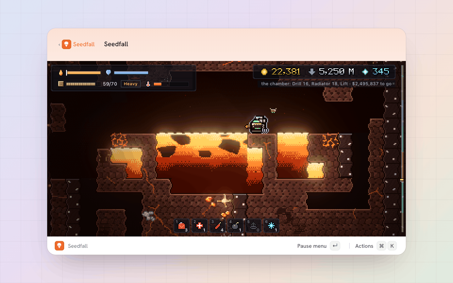 Seedfall: The magma layer: lava lakes light the rock, and the heat climbs while you stay