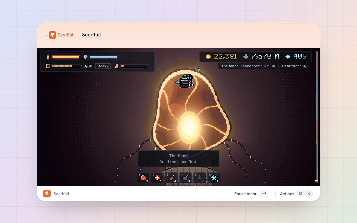 Seedfall: The Seed at the bottom of the world: wake it and launch it, and follow it to the next planet