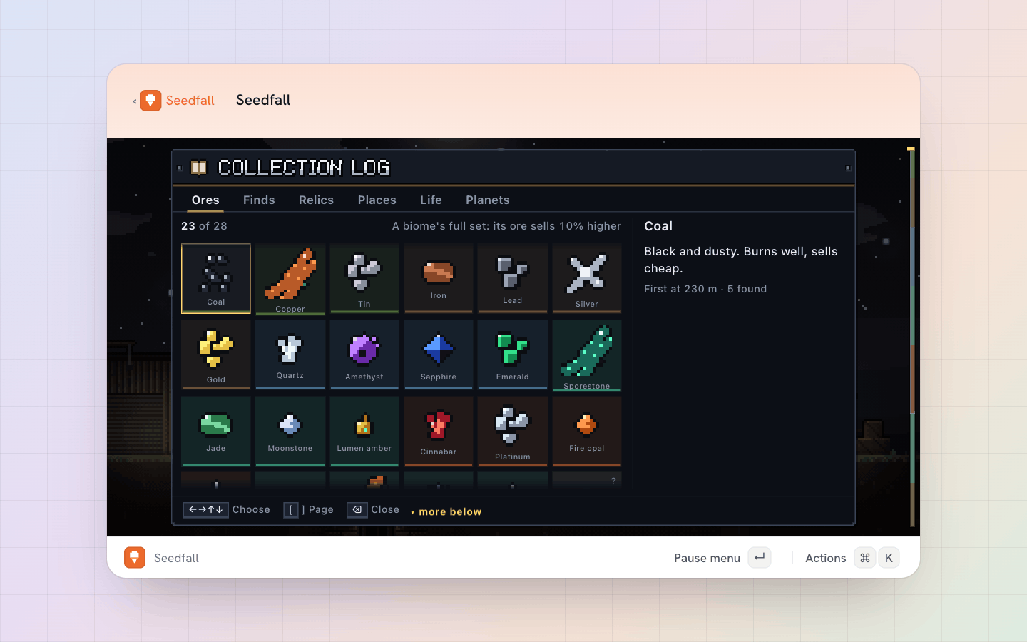 Seedfall: The collection log: every ore, jackpot and relic you have found, and where