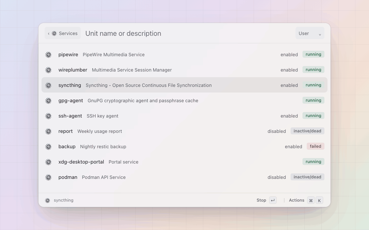 Services: systemd units under the User filter, the unit file's state and the active state on the right