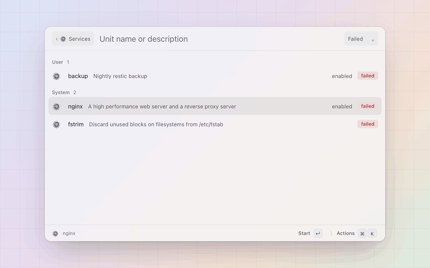 Services: The Failed filter: units of both managers, in a User and a System section