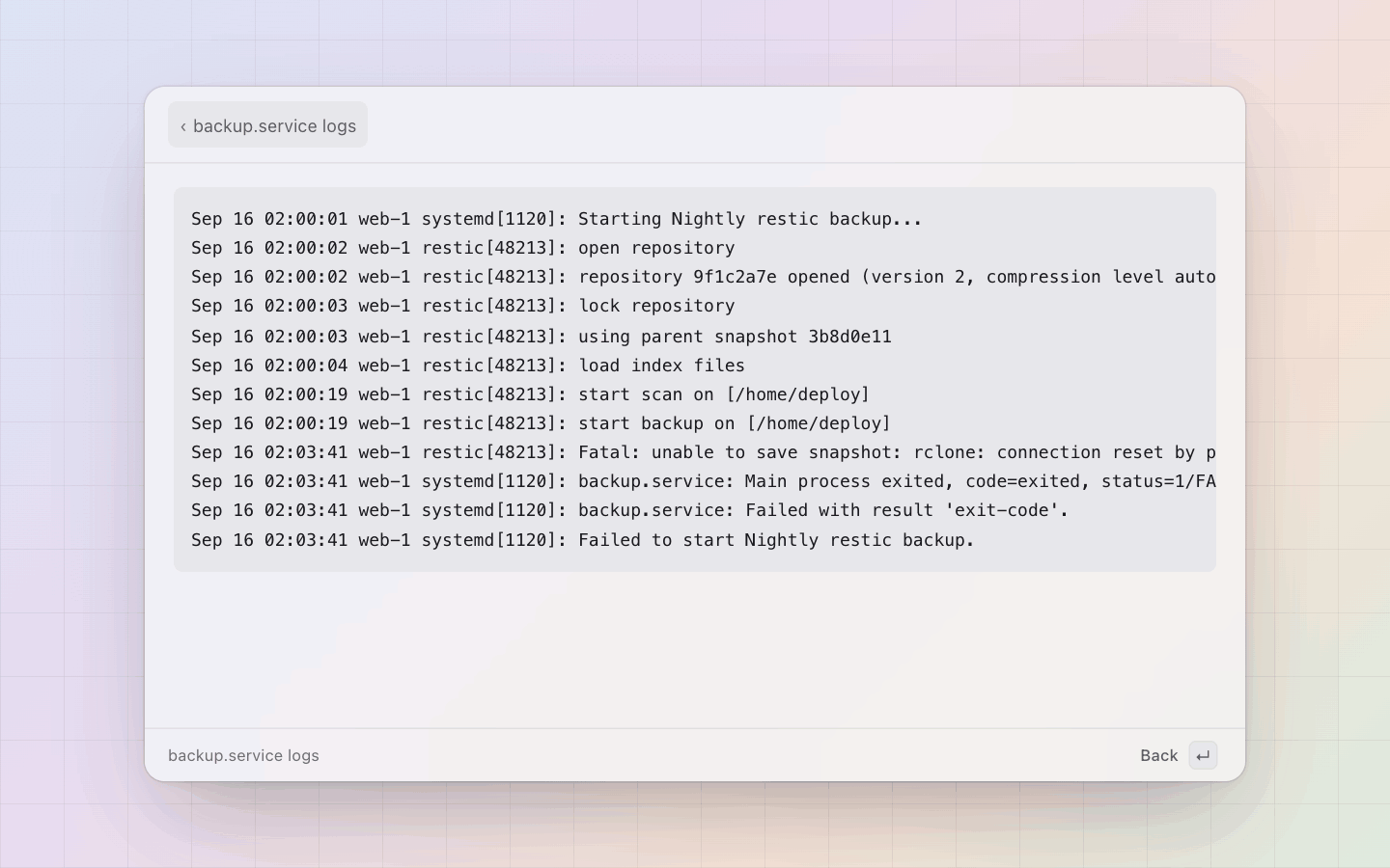 Services: journalctl for a unit, the last 200 lines in the panel