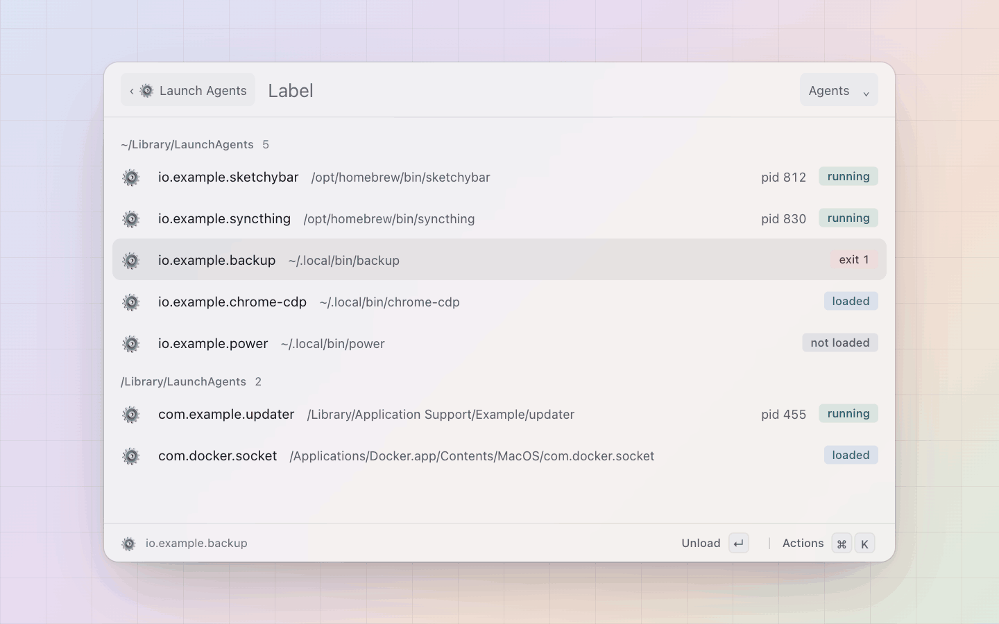 Services: macOS: launchd agents by folder, with pid and state