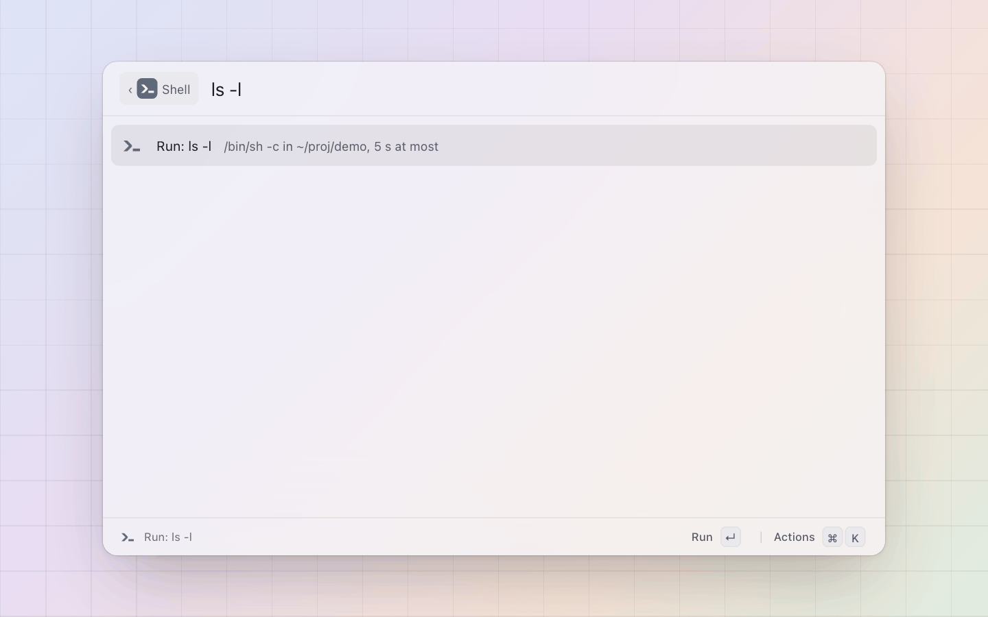 Shell: A command typed: one Run row, nothing has run yet