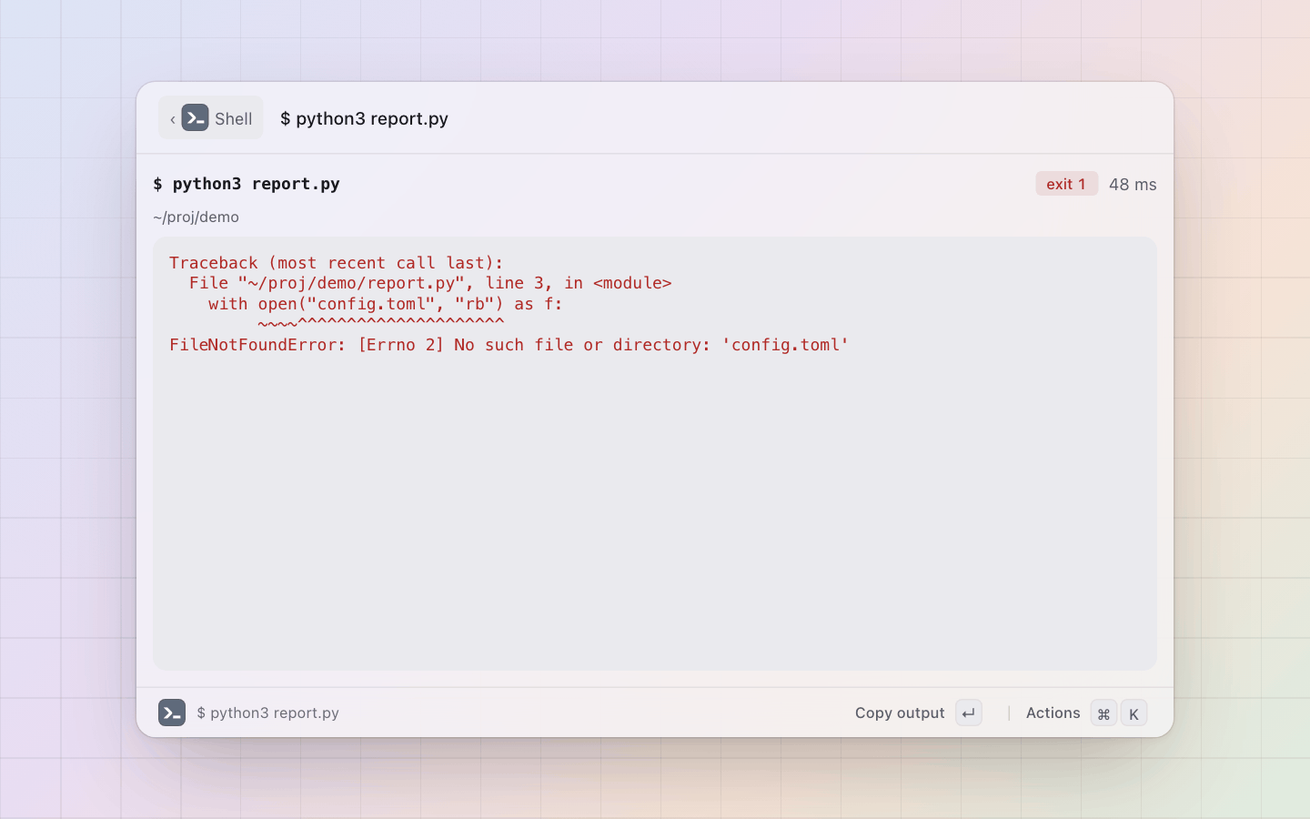 Shell: A failing command: stderr in red, exit 1