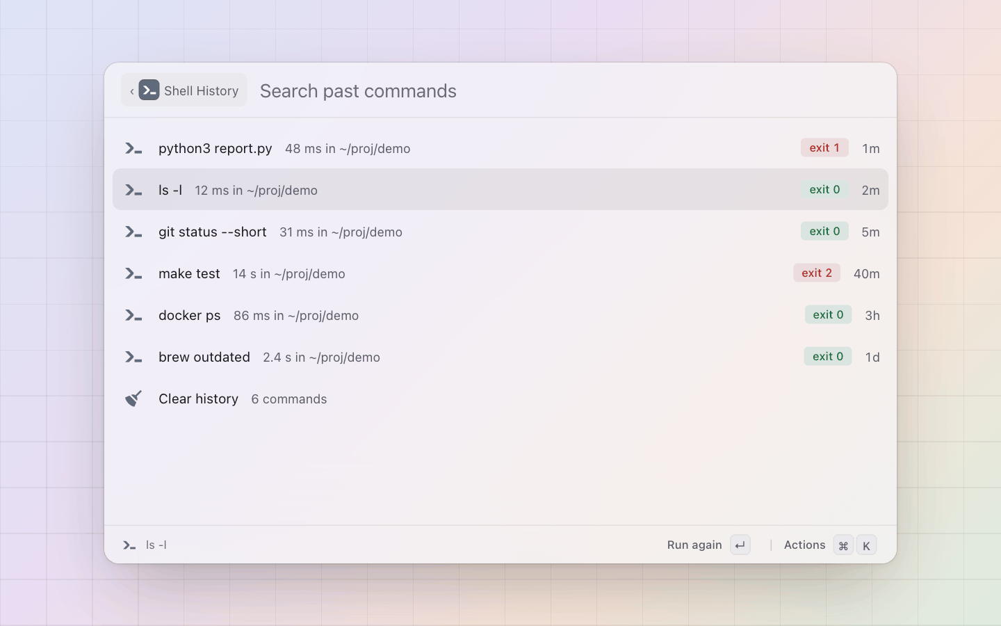Shell: Shell History: past commands with their exit codes, Enter runs one again
