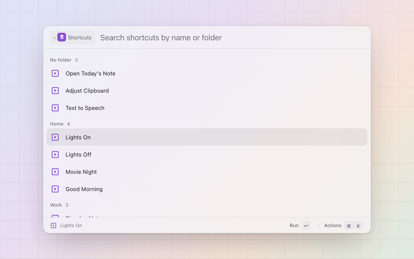 Shortcuts: Every Apple Shortcut on this Mac, grouped by its folder and searchable by name or folder