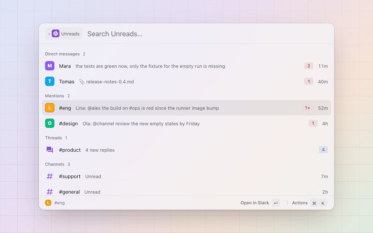 Slack: Unreads: direct messages, mentions and threads addressed to you, then the channels that are only unread