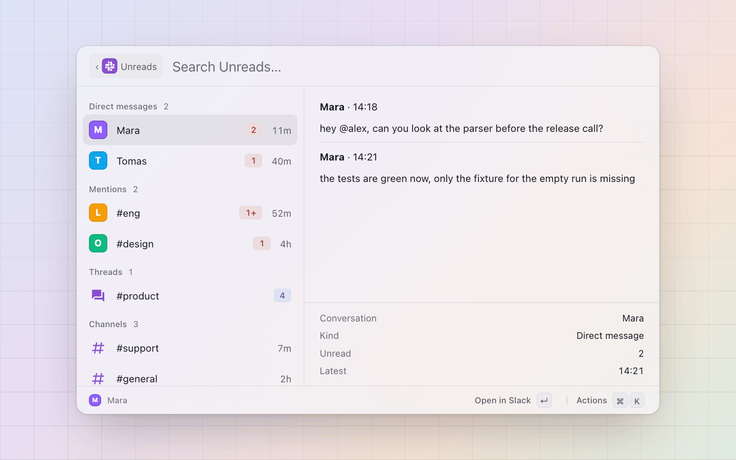 Slack: The pane: the unread run of the conversation, oldest first