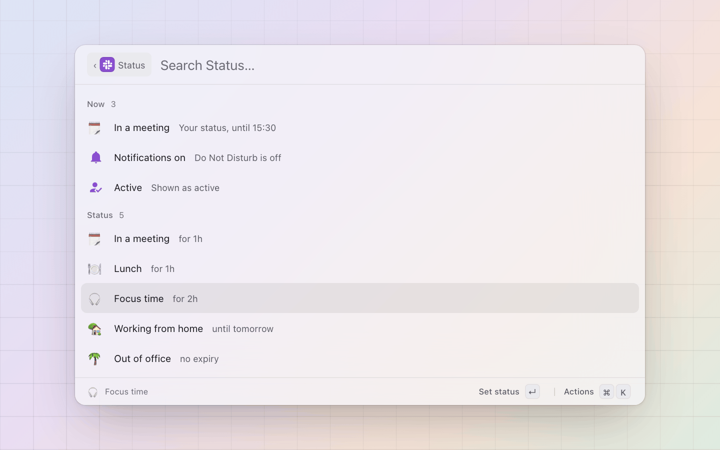 Slack: Status: what is set now, then the presets, Do Not Disturb and presence
